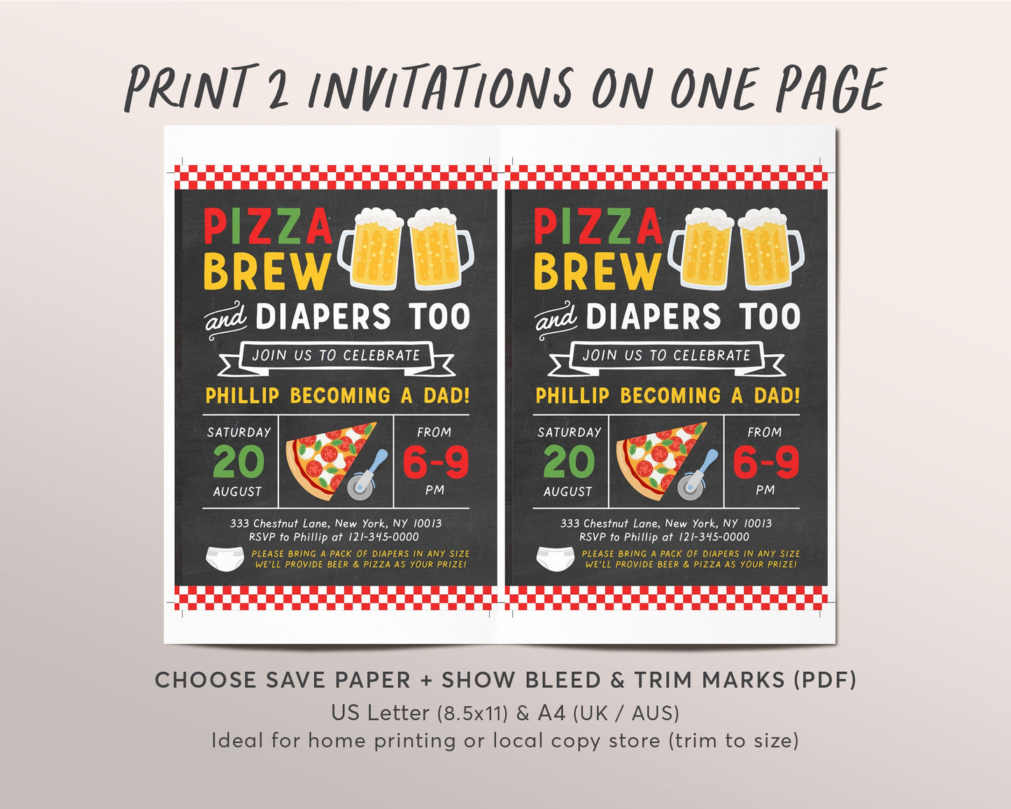 Editable Pizza And Beer Baby Shower Invitation Template, Italian Theme Couples Coed Man Diaper Party, Chalkboard Neutral Girl Boy Invite