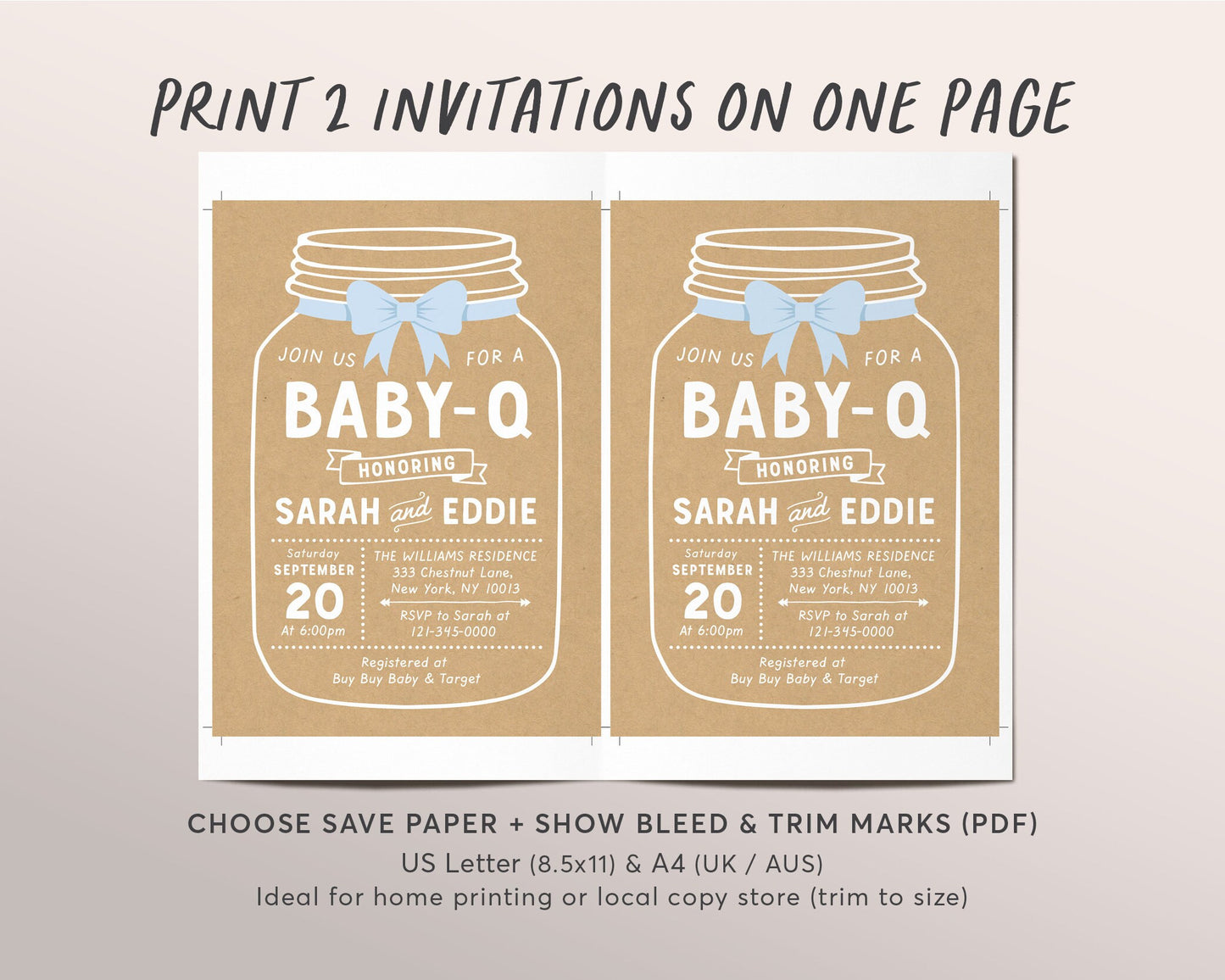 Editable BABY-Q Kraft Mason Jar Baby Shower Invitation Template, Rustic Couples Coed Family Babyque Barbecue BBQ Country Backyard Picnic