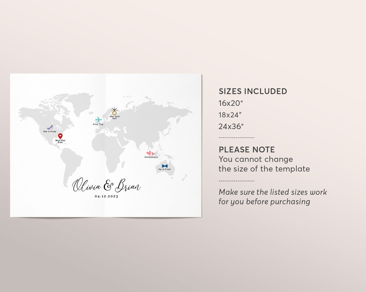 Editable World Map Love Story Guest Book Alternative Template, Wedding Infographic, Travel Themed GuestBook Poster, Destination Wedding Sign