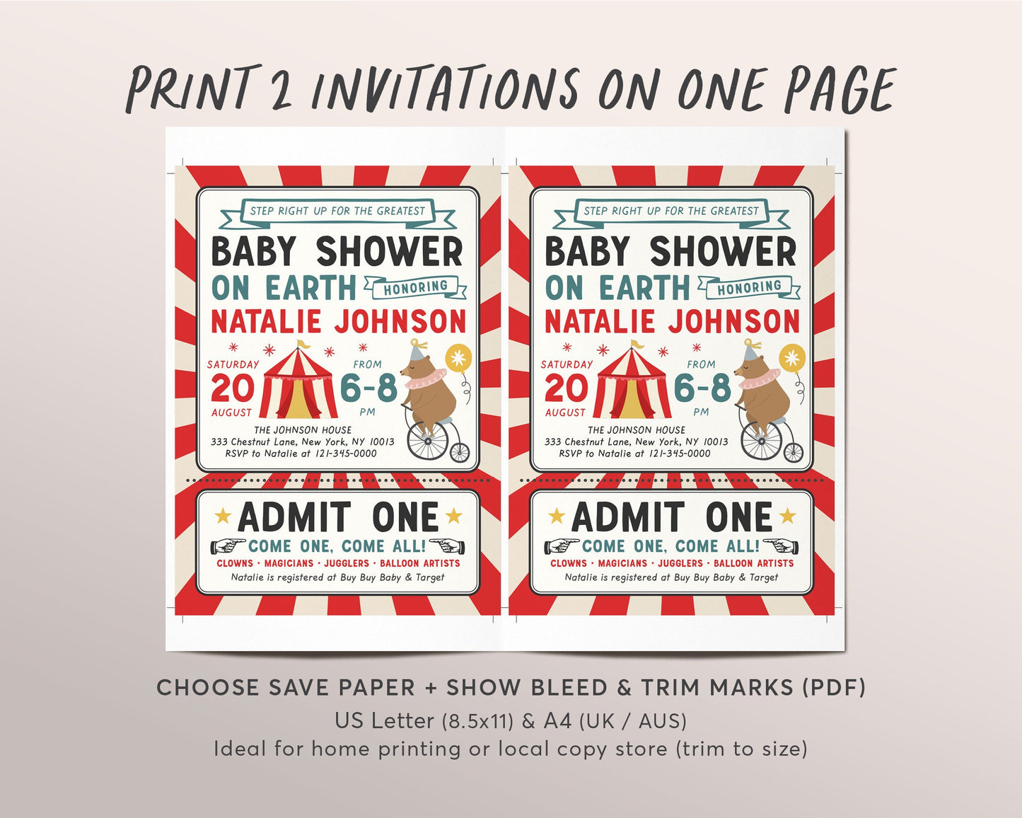 Editable Circus Baby Shower Invitation Template, Carnival Fair Vintage Circus Animals Bear Theme Ticket Invite, Gender Neutral Baby Boy