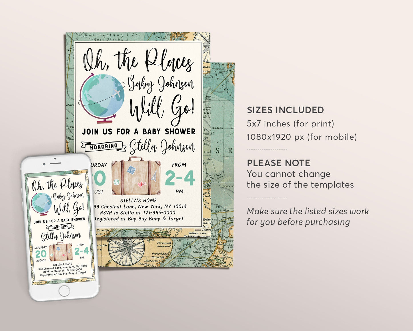 Editable World Map Travel Globe Baby Shower Invitation Template, Oh The Places You Will Go, Adventure Awaits, Welcome to the World, Unisex
