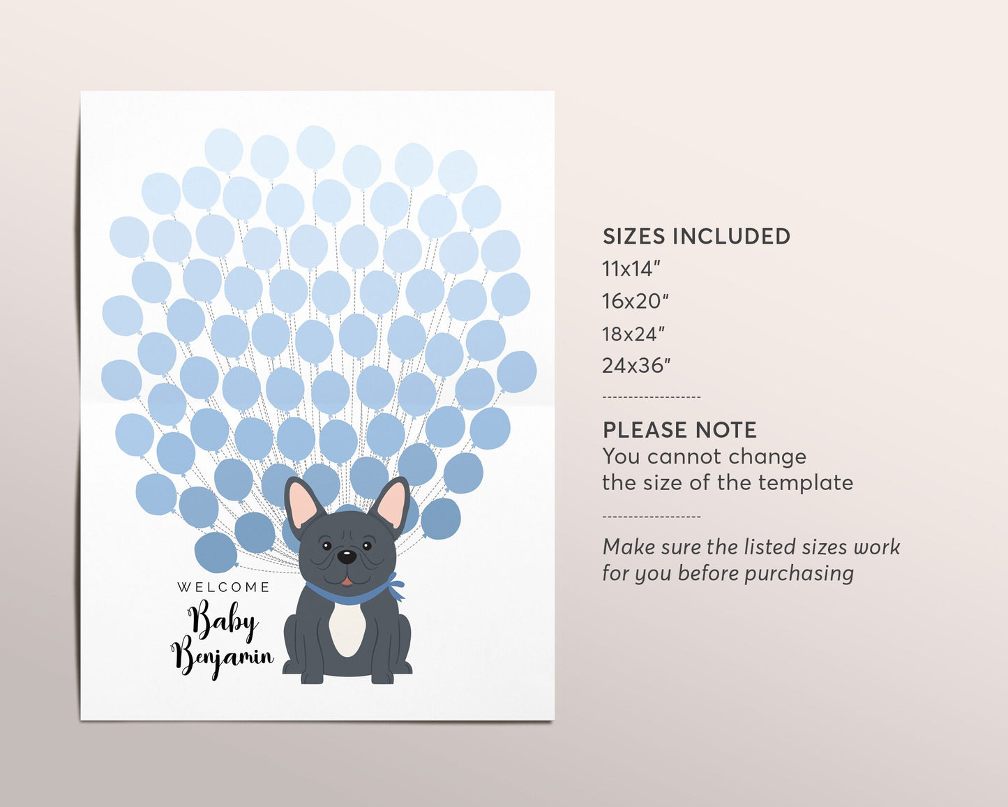 Editable French Bulldog Balloons Blue Baby Boy Shower Guest Book Alternative Template, Dog Puppy Pet Animal Theme Guestbook Sign
