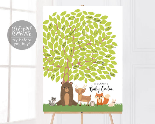 Editable Woodland Creatures Tree Balloon Baby Shower Guest Book Alternative Template, Sign a Leaf Guestbook Sign, Unisex Forest Animals