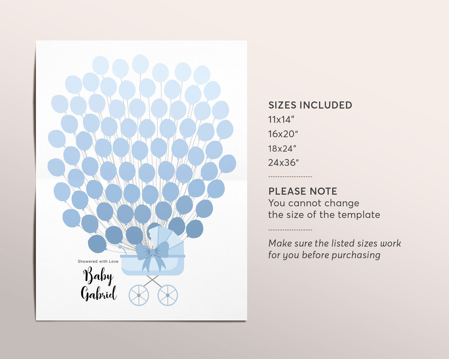 Stroller Balloons Boy Baby Shower Guest Book Alternative Editable Template, Baptism Carriage Guestbook, First Communion, Christening Decor