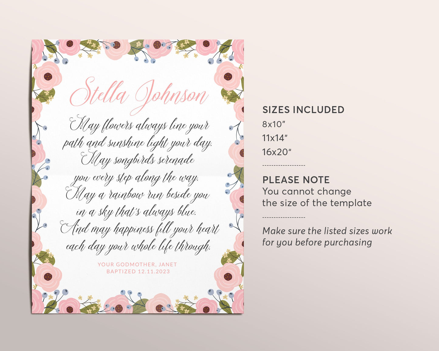 Editable Goddaughter Baptism Poem Floral Template, Christening Print Keepsake, Godchild Girl Communion Dedication Gift From Godparents