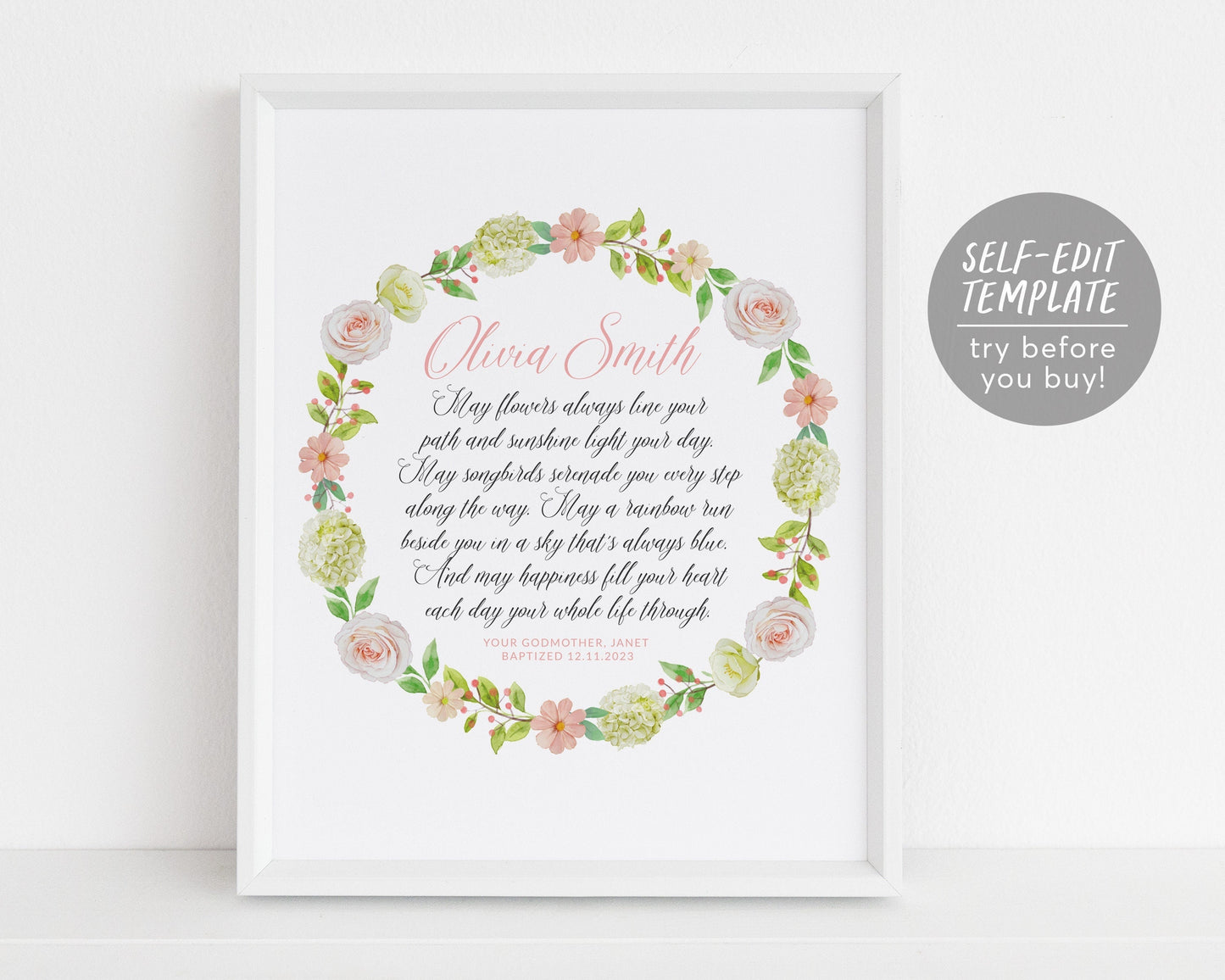 Editable Goddaughter Poem Floral Wreath Template, Godchild Girl Baptism Communion Christening Dedication Gift Gift From Godparents Keepsake