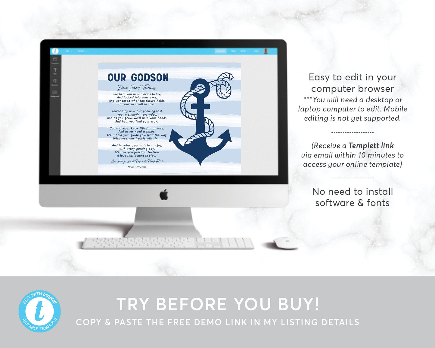 Editable Godson Gift Printable Template, Nautical Baptism Communion Christening Dedication Print From Godmother And Godfather, New Baby Boy