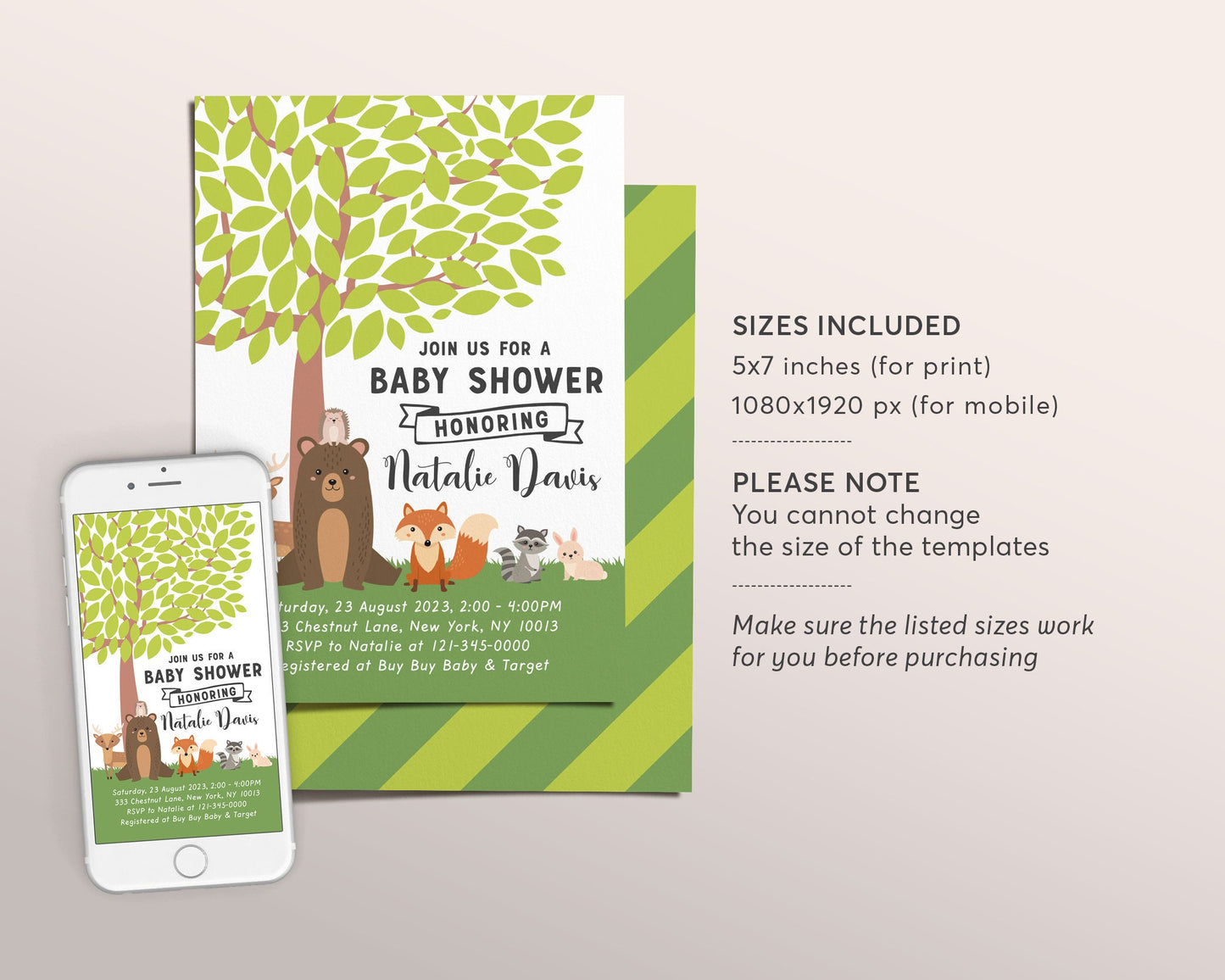 Editable Woodland Creatures Baby Shower Invitation Template, Forest Animals Greenery Theme Printable Evite, Gender Neutral Invite, Deer Fox