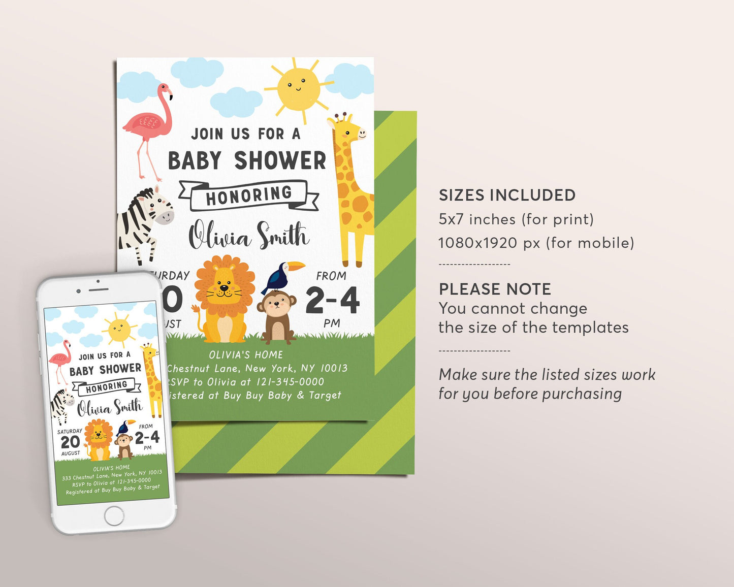 Editable Safari Baby Shower Invitation Template, Gender Neutral Invite Jungle Animal Tropical Theme, Sprinkle Invite, Giraffe Lion Zebra