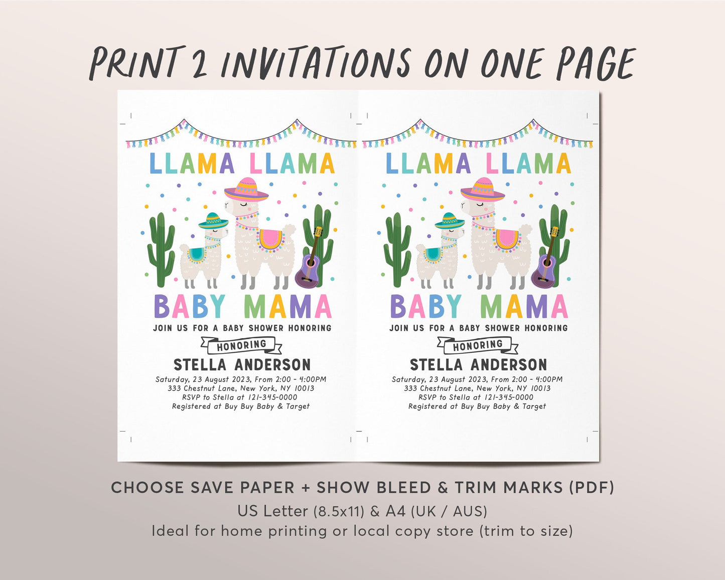 Editable Llama Llama Baby Mama Baby Shower Invitation Template, Fiesta Mexican Cactus Theme, Gender Neutral Sprinkle Party Invite Printable