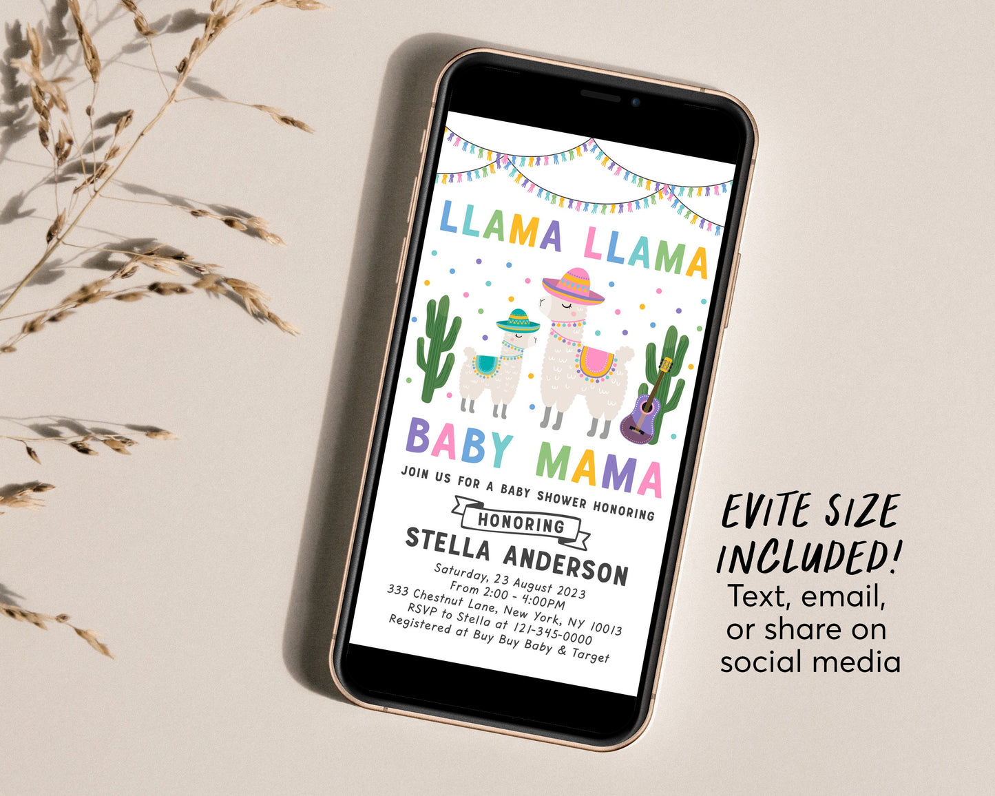 Editable Llama Llama Baby Mama Baby Shower Invitation Template, Fiesta Mexican Cactus Theme, Gender Neutral Sprinkle Party Invite Printable