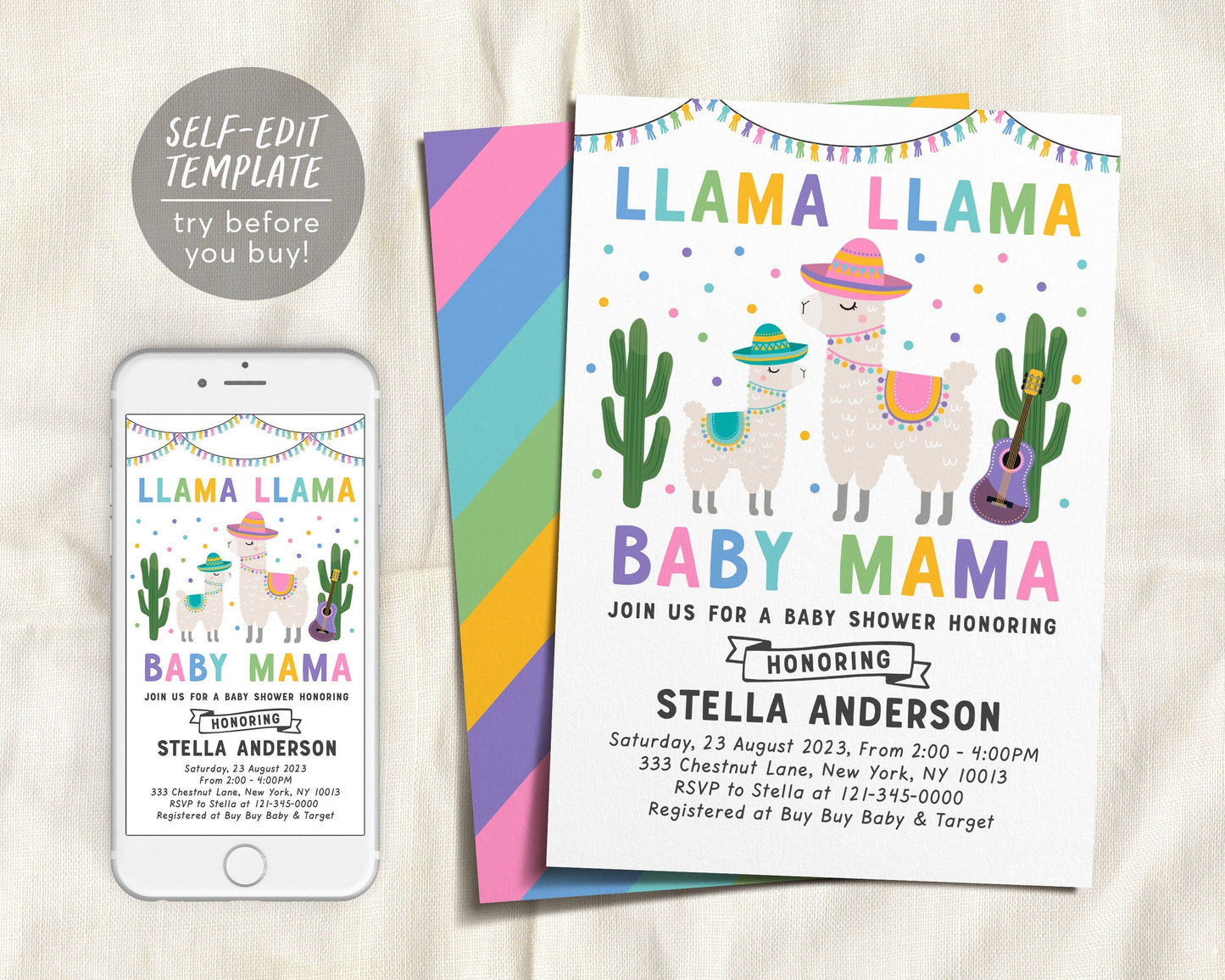 Editable Llama Llama Baby Mama Baby Shower Invitation Template, Fiesta Mexican Cactus Theme, Gender Neutral Sprinkle Party Invite Printable