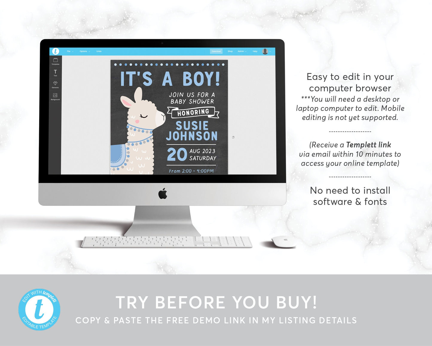Editable Llama It's A Boy Baby Shower Invitation Template, Chalkboard Alpaca Theme Invite, New Mama Sprinkle Party Invite Printable