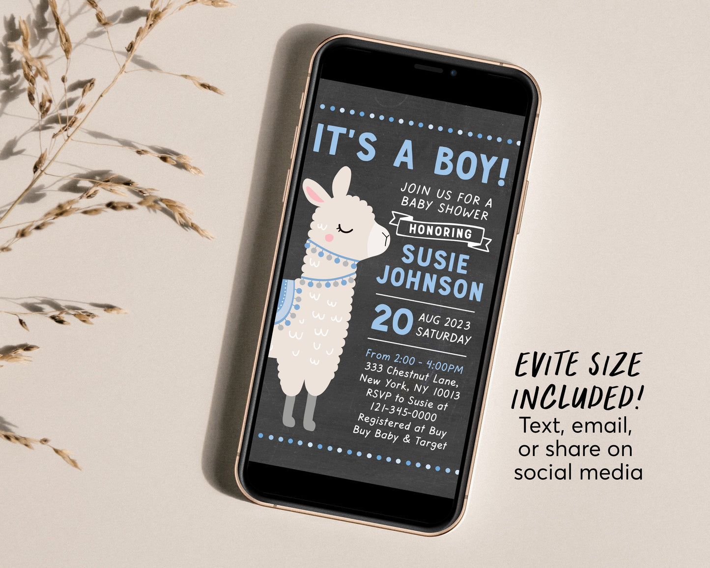 Editable Llama It's A Boy Baby Shower Invitation Template, Chalkboard Alpaca Theme Invite, New Mama Sprinkle Party Invite Printable