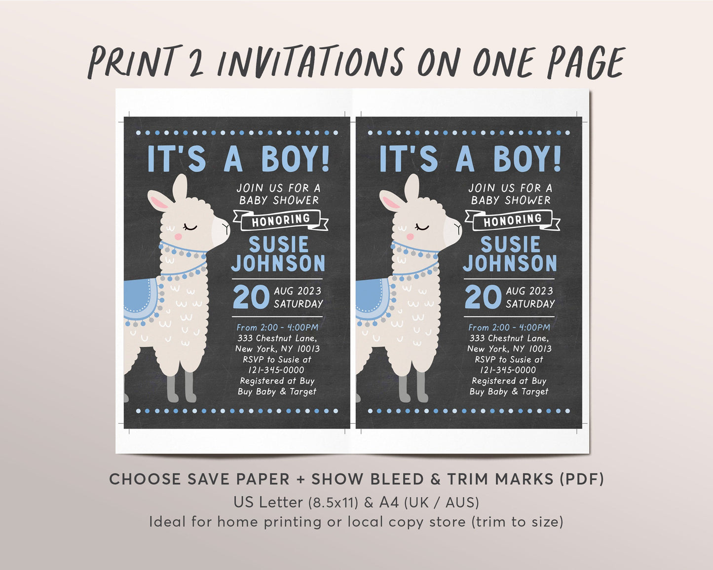 Editable Llama It's A Boy Baby Shower Invitation Template, Chalkboard Alpaca Theme Invite, New Mama Sprinkle Party Invite Printable
