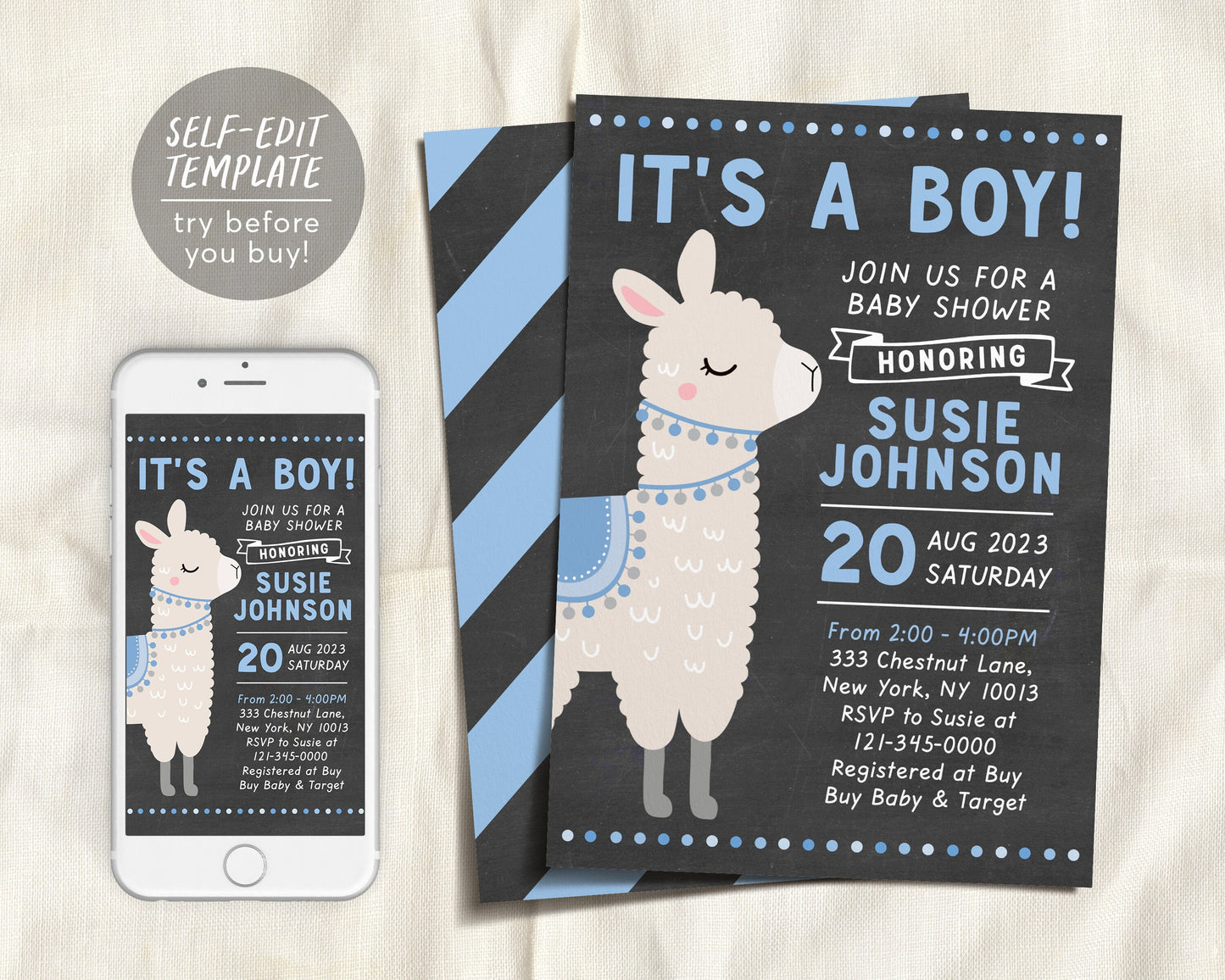 Editable Llama It's A Boy Baby Shower Invitation Template, Chalkboard Alpaca Theme Invite, New Mama Sprinkle Party Invite Printable