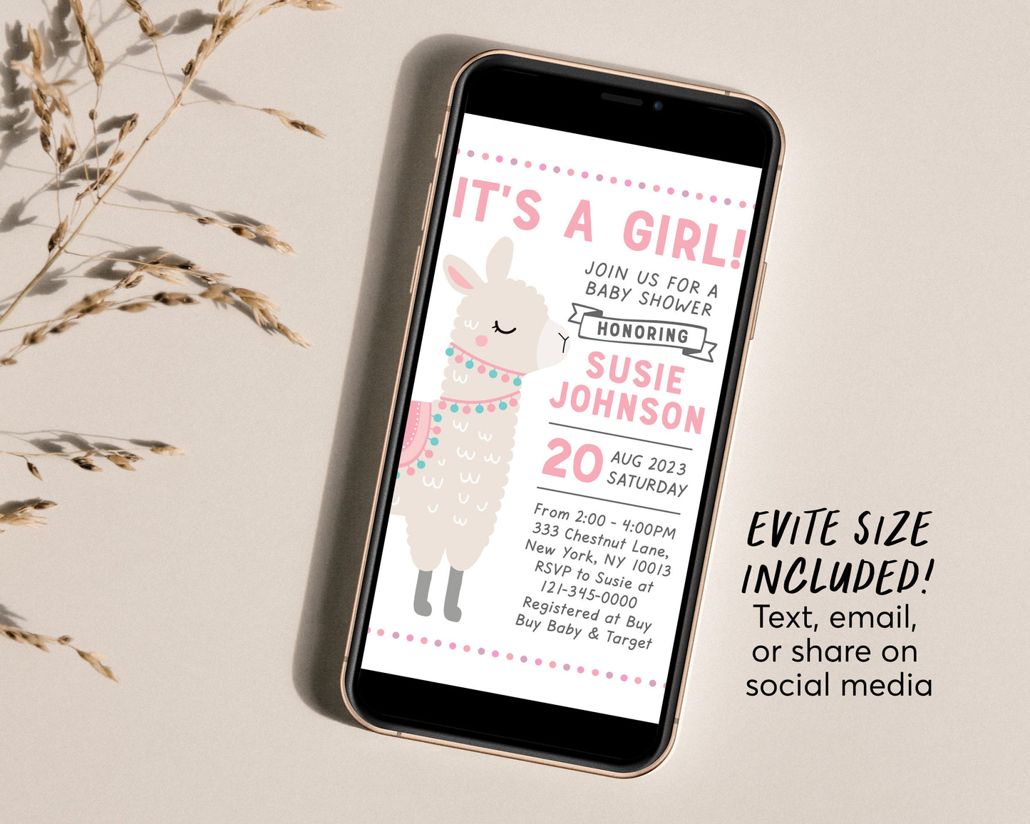 Editable Llama It's A Girl Baby Shower Invitation Template, Blush Pink Alpaca Theme Invite, New Mama Sprinkle Party Invite Printable
