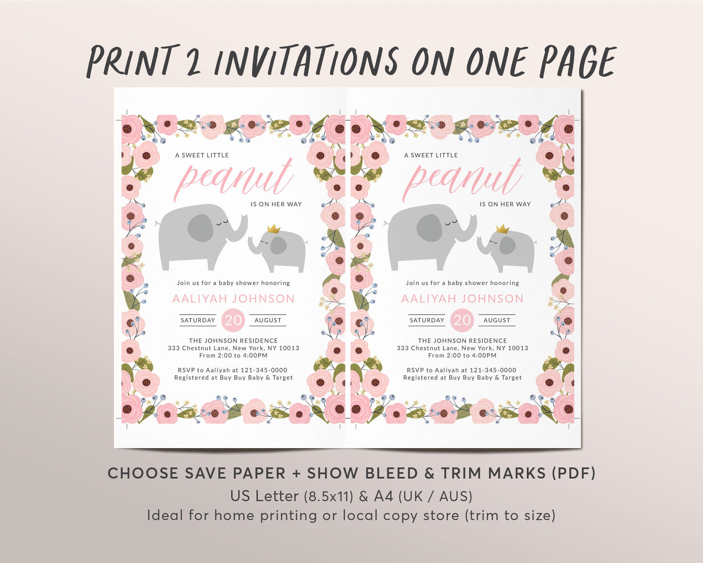 Editable Floral Elephant Baby Shower Invitation Template, Blush Pink Greenery Theme Invite, Sweet Baby Girl, New Mama Sprinkle Party Invite