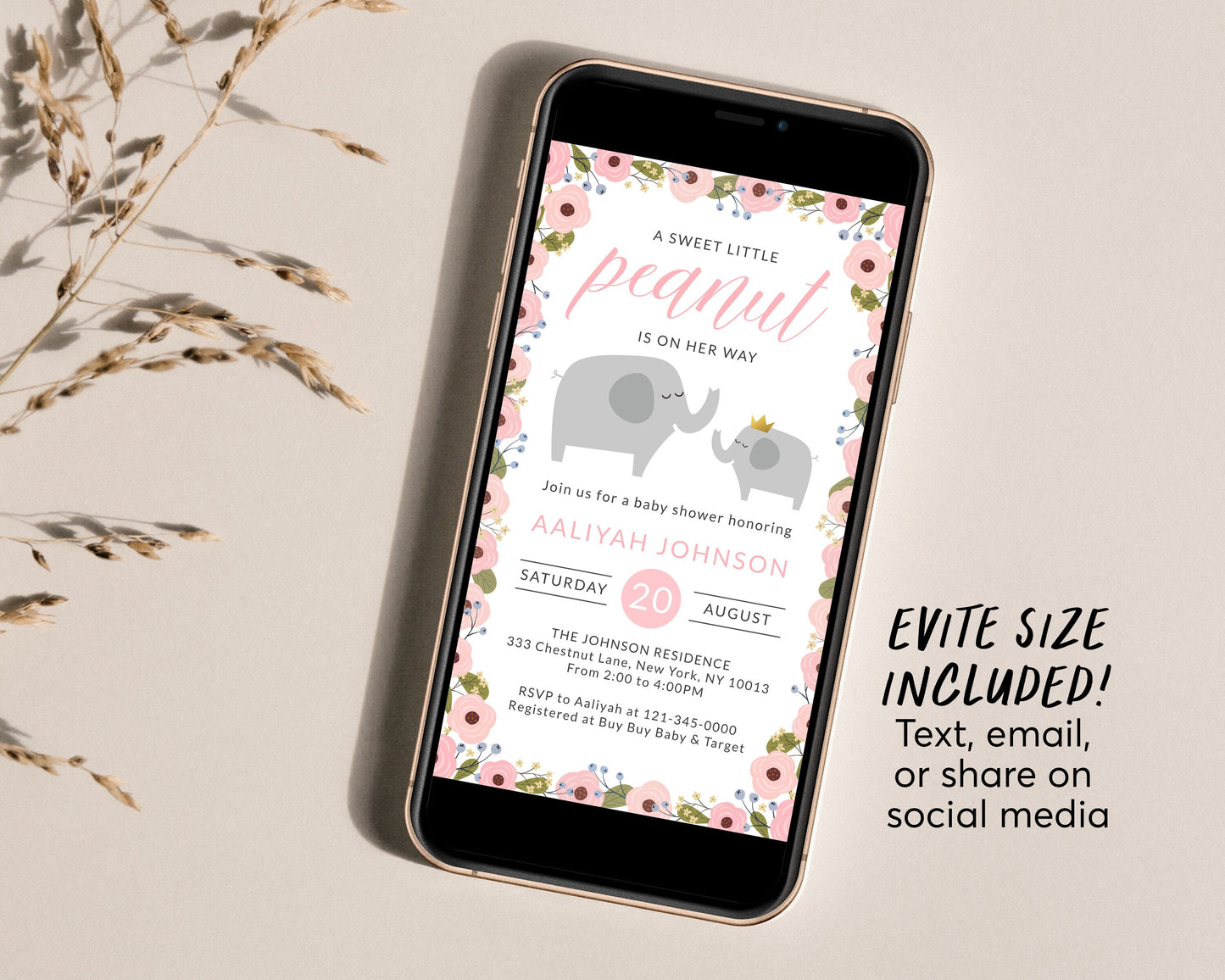 Editable Floral Elephant Baby Shower Invitation Template, Blush Pink Greenery Theme Invite, Sweet Baby Girl, New Mama Sprinkle Party Invite