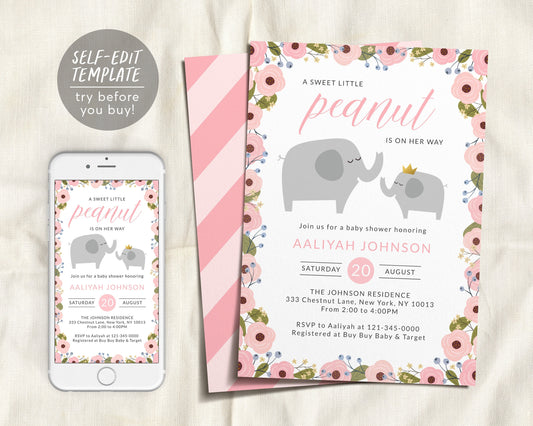 Editable Floral Elephant Baby Shower Invitation Template, Blush Pink Greenery Theme Invite, Sweet Baby Girl, New Mama Sprinkle Party Invite