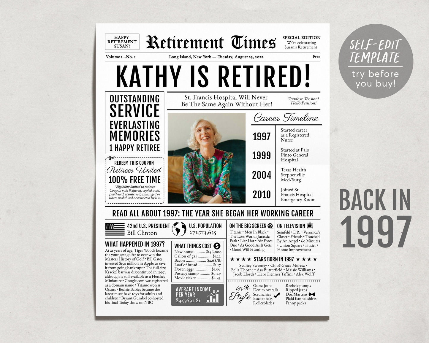 Editable Retirement Celebration Sign, Unique Newspaper Retirement Gifts for Men Women, Vice Assistant Principal Gift, History Back in 1997