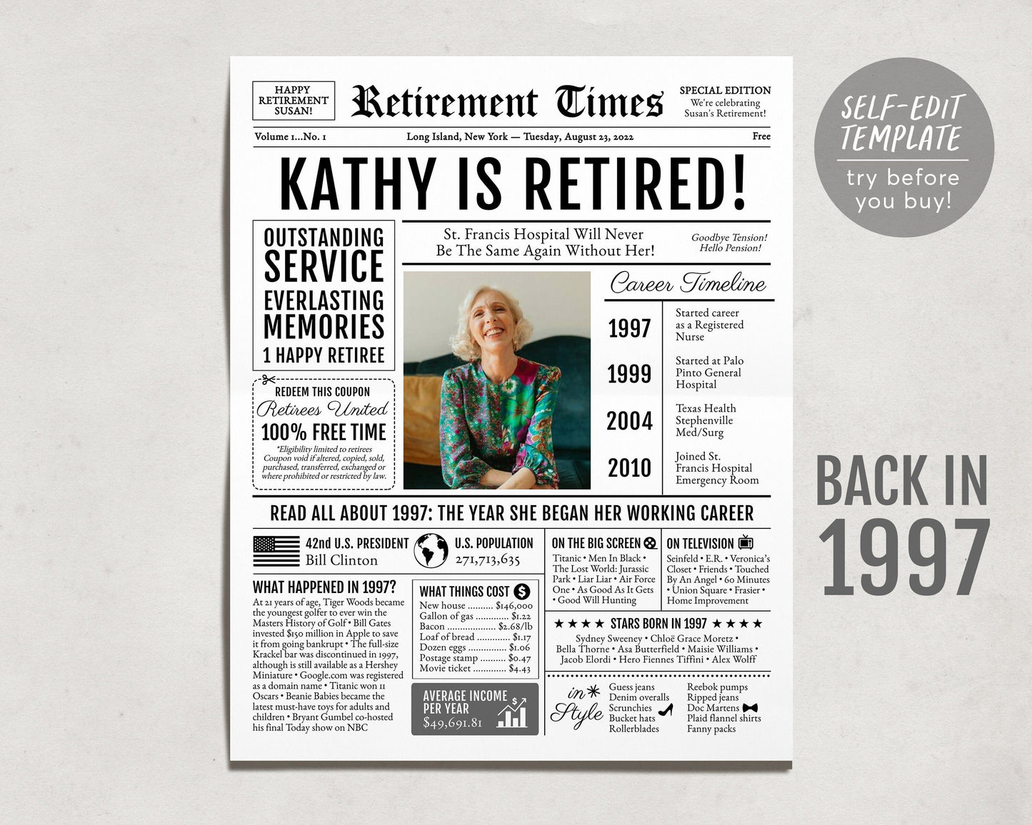 Editable Retirement Celebration Sign, Unique Newspaper Retirement Gifts for Men Women, Vice Assistant Principal Gift, History Back in 1997