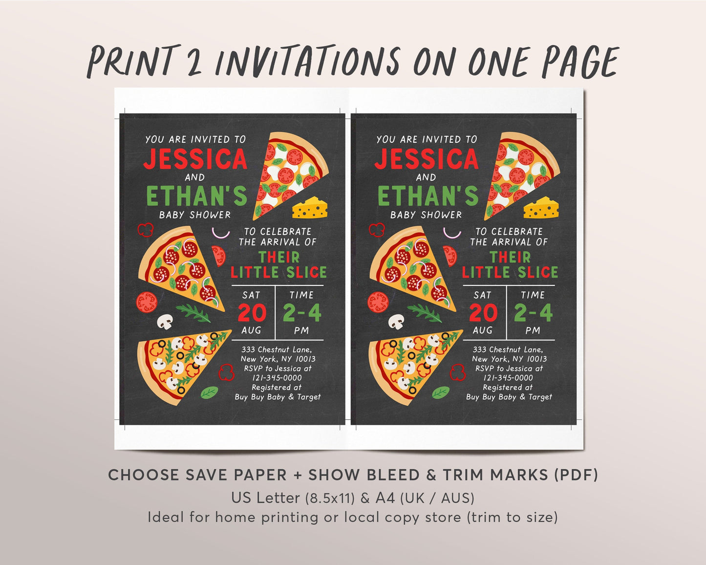 Editable Pizza Baby Shower Invitation Template, Chalkboard Italian Theme Couples Coed Shower Sprinkle Party, Neutral Girl Boy Invite