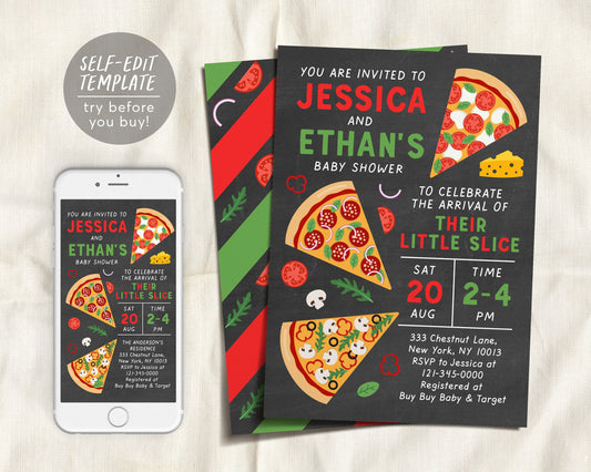Editable Pizza Baby Shower Invitation Template, Chalkboard Italian Theme Couples Coed Shower Sprinkle Party, Neutral Girl Boy Invite