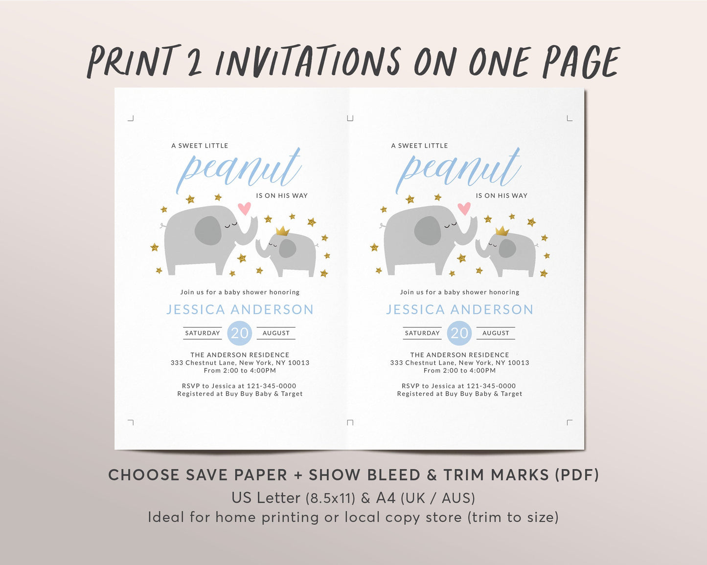 Editable Elephant Baby Shower Invitation Template, It's A Boy, A Little Peanut Is On The Way, New Mama Sprinkle Party Invite, Safari Stars