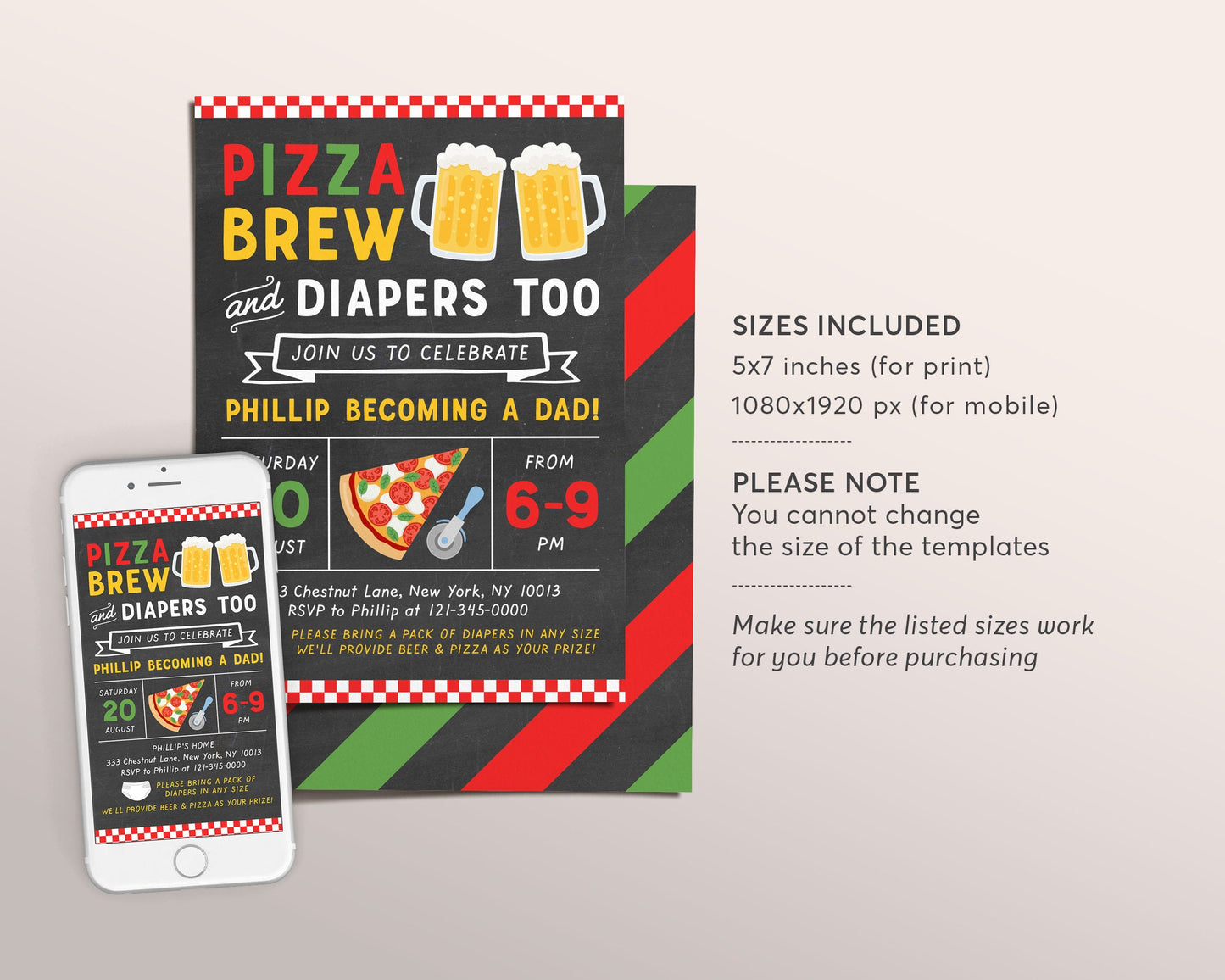 Editable Pizza And Beer Baby Shower Invitation Template, Italian Theme Couples Coed Man Diaper Party, Chalkboard Neutral Girl Boy Invite