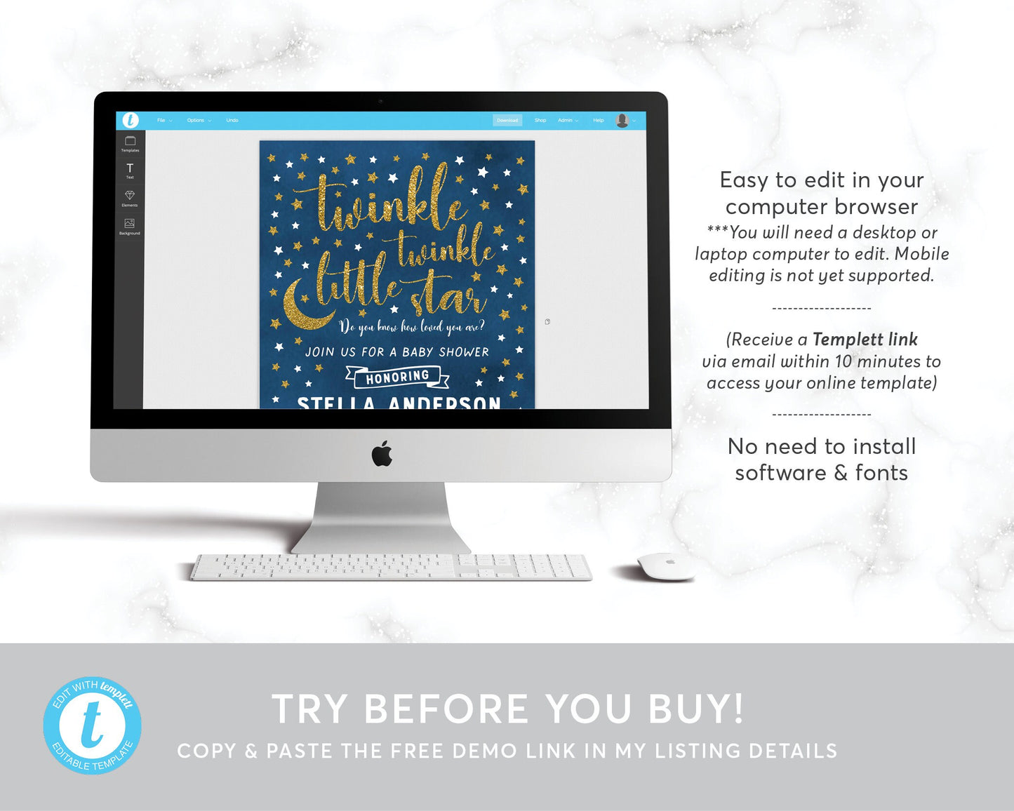 Editable Twinkle Little Star Baby Shower Invitation Template, Navy Gold Gender Neutral Sprinkle Invite, Sky Stars Moon Space Galaxy