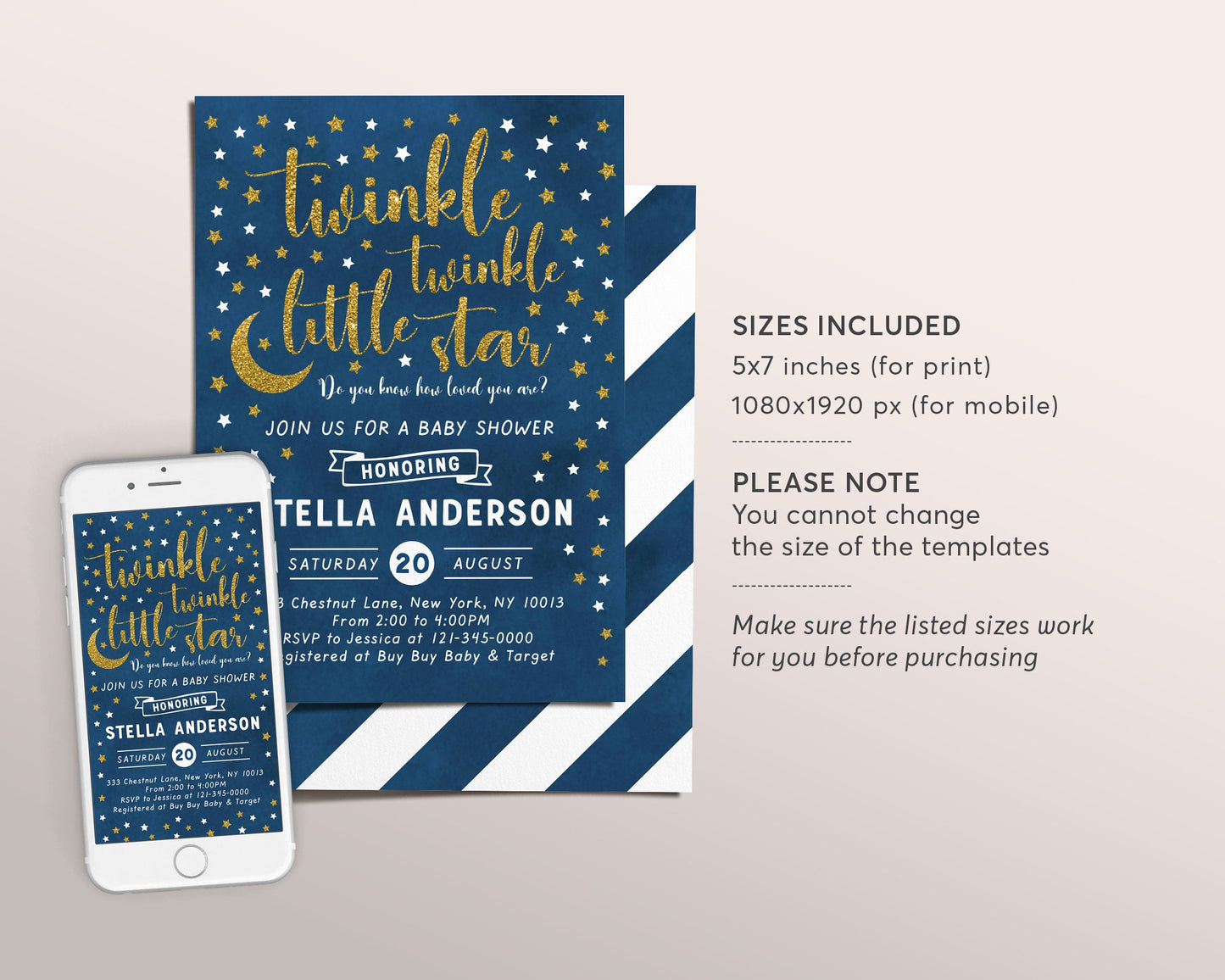 Editable Twinkle Little Star Baby Shower Invitation Template, Navy Gold Gender Neutral Sprinkle Invite, Sky Stars Moon Space Galaxy