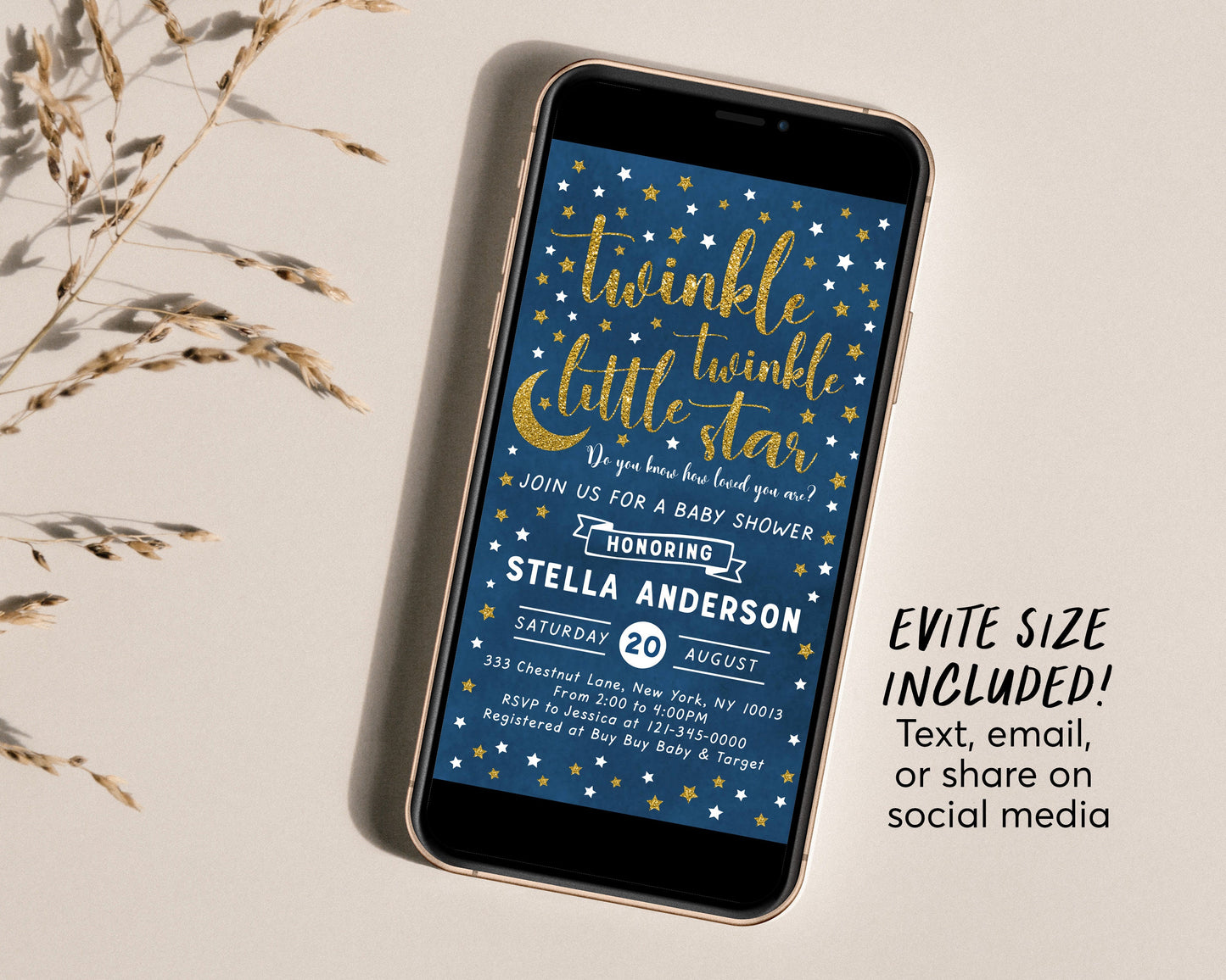 Editable Twinkle Little Star Baby Shower Invitation Template, Navy Gold Gender Neutral Sprinkle Invite, Sky Stars Moon Space Galaxy