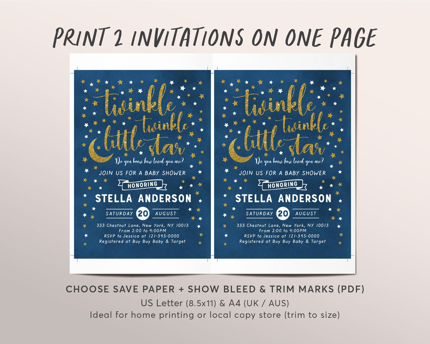 Editable Twinkle Little Star Baby Shower Invitation Template, Navy Gold Gender Neutral Sprinkle Invite, Sky Stars Moon Space Galaxy