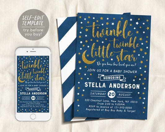 Editable Twinkle Little Star Baby Shower Invitation Template, Navy Gold Gender Neutral Sprinkle Invite, Sky Stars Moon Space Galaxy