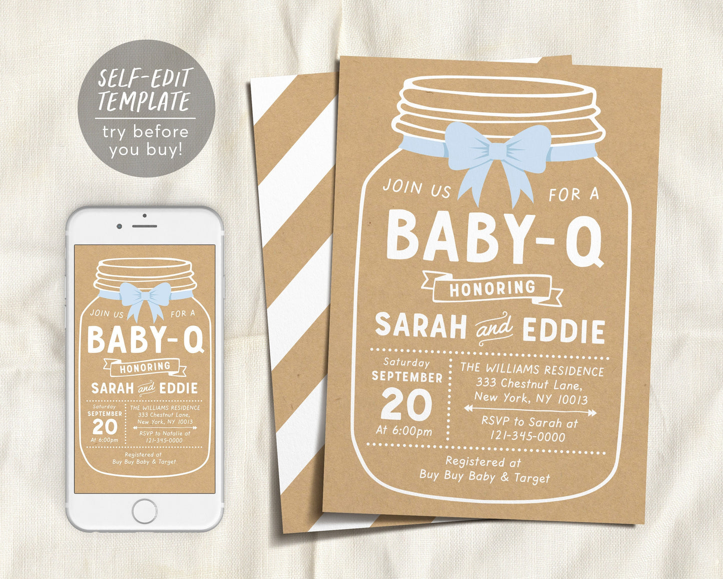 Editable BABY-Q Kraft Mason Jar Baby Shower Invitation Template, Rustic Couples Coed Family Babyque Barbecue BBQ Country Backyard Picnic