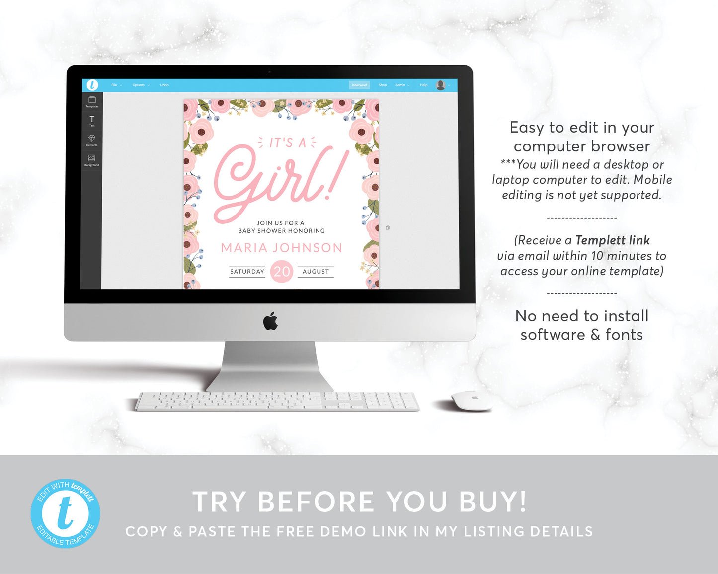 Editable Blush Pink Floral Baby Shower Invitation Template, It’s A Girl Invite Evite, Sweet Girl New Mama Spring Flowers Invite Printable