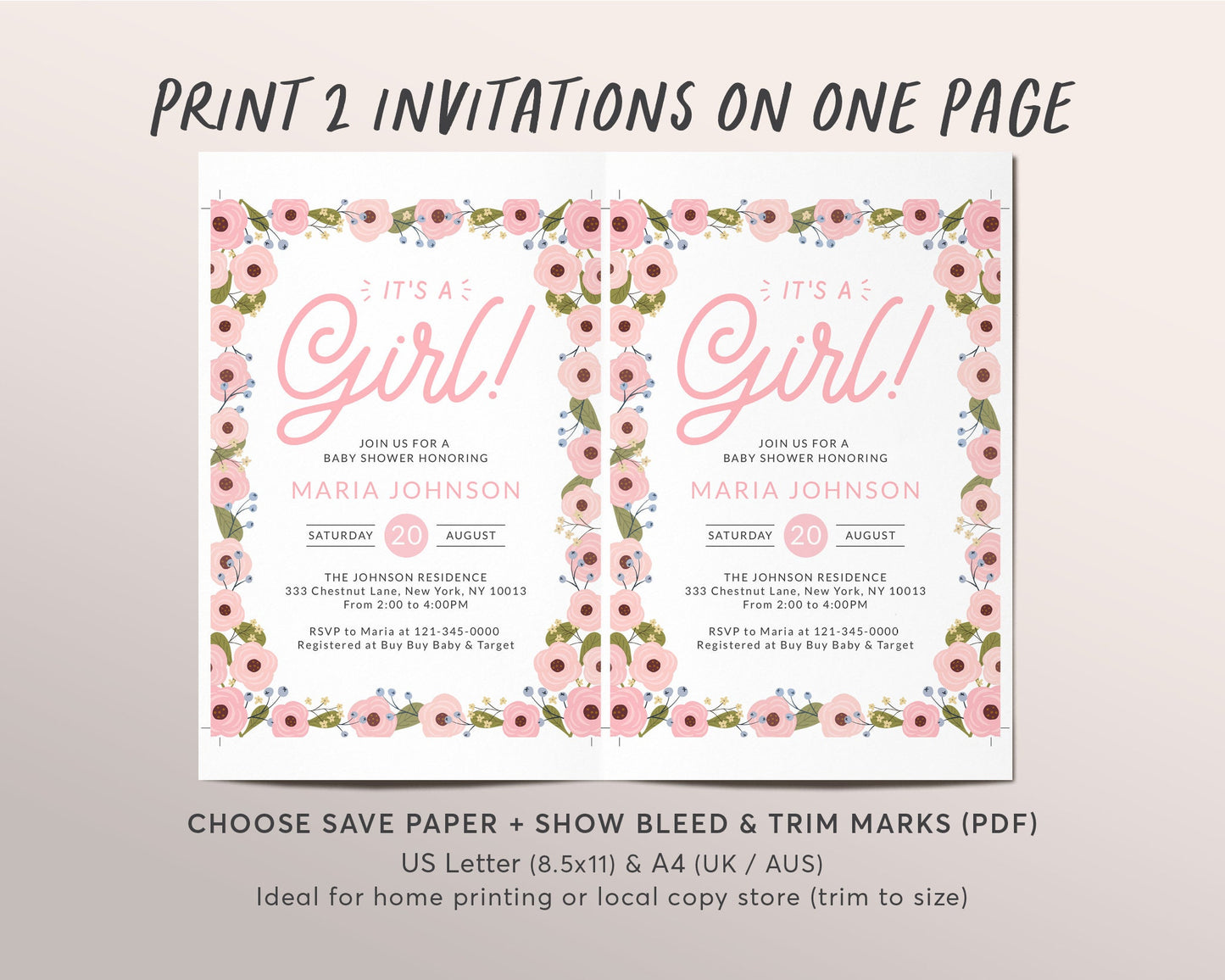 Editable Blush Pink Floral Baby Shower Invitation Template, It’s A Girl Invite Evite, Sweet Girl New Mama Spring Flowers Invite Printable
