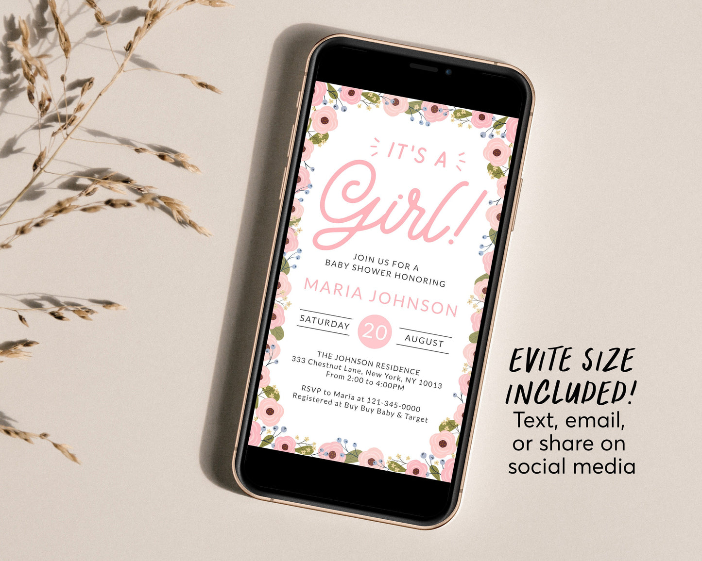 Editable Blush Pink Floral Baby Shower Invitation Template, It’s A Girl Invite Evite, Sweet Girl New Mama Spring Flowers Invite Printable
