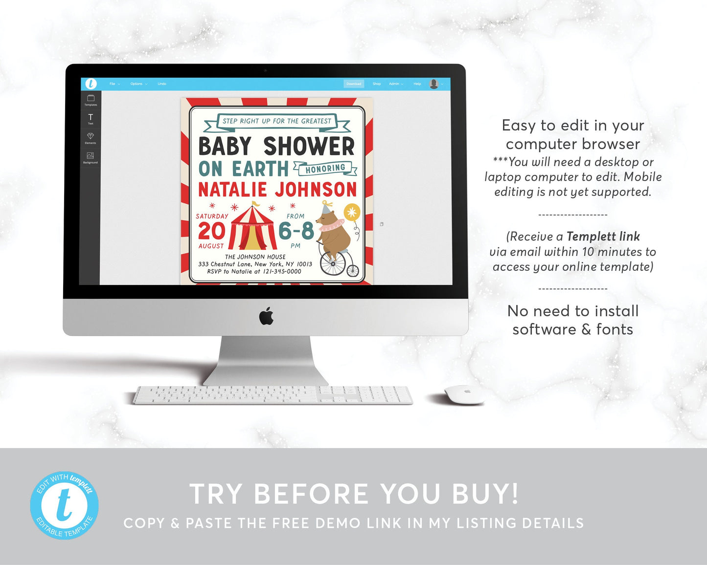Editable Circus Baby Shower Invitation Template, Carnival Fair Vintage Circus Animals Bear Theme Ticket Invite, Gender Neutral Baby Boy