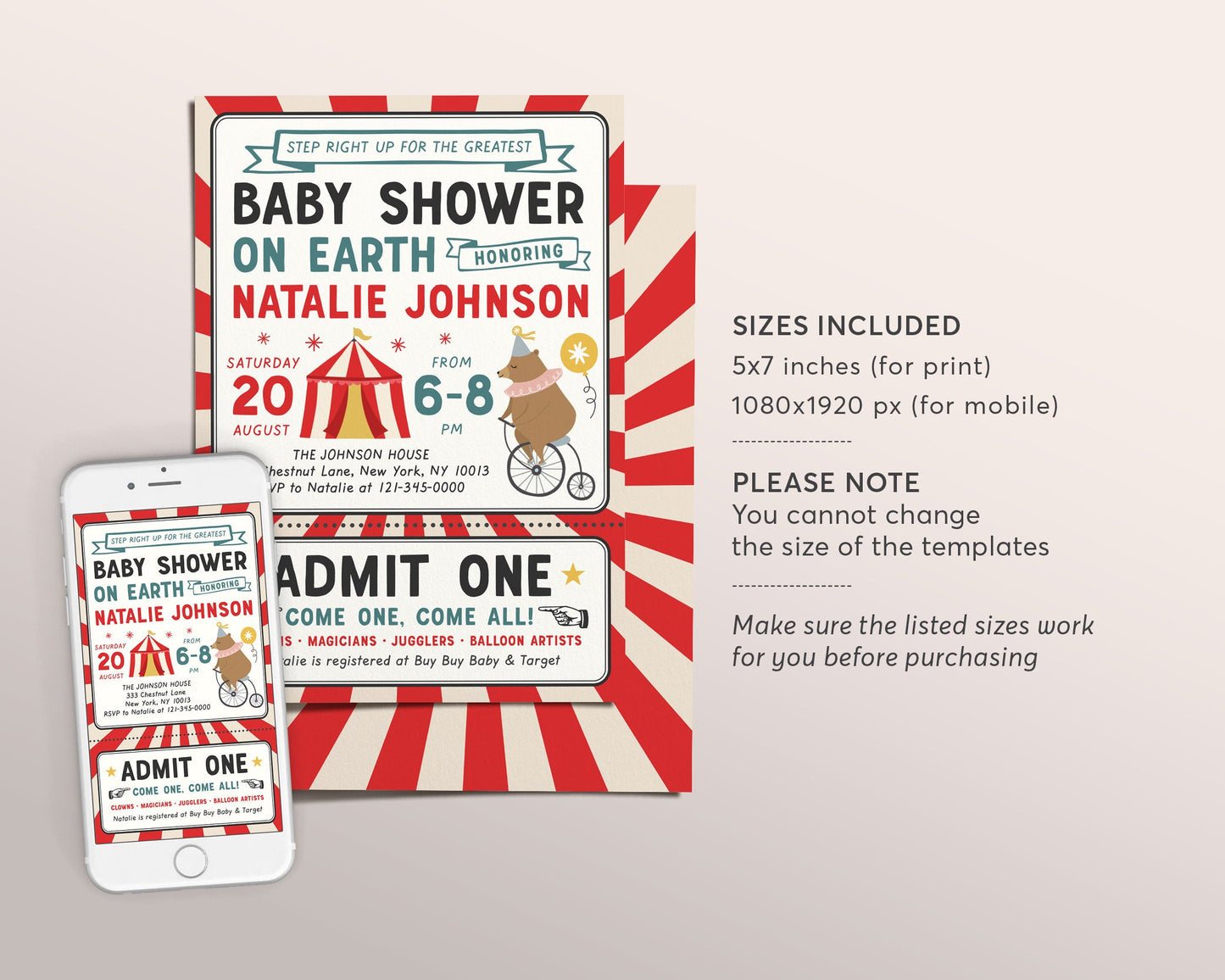 Editable Circus Baby Shower Invitation Template, Carnival Fair Vintage Circus Animals Bear Theme Ticket Invite, Gender Neutral Baby Boy