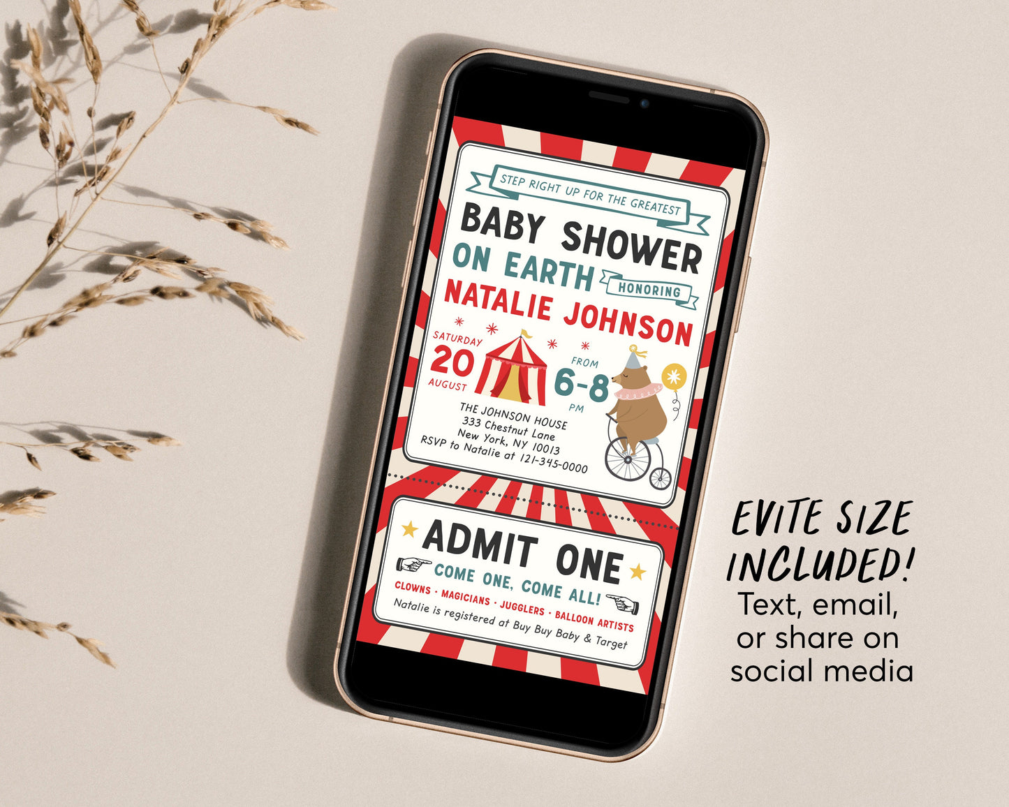 Editable Circus Baby Shower Invitation Template, Carnival Fair Vintage Circus Animals Bear Theme Ticket Invite, Gender Neutral Baby Boy