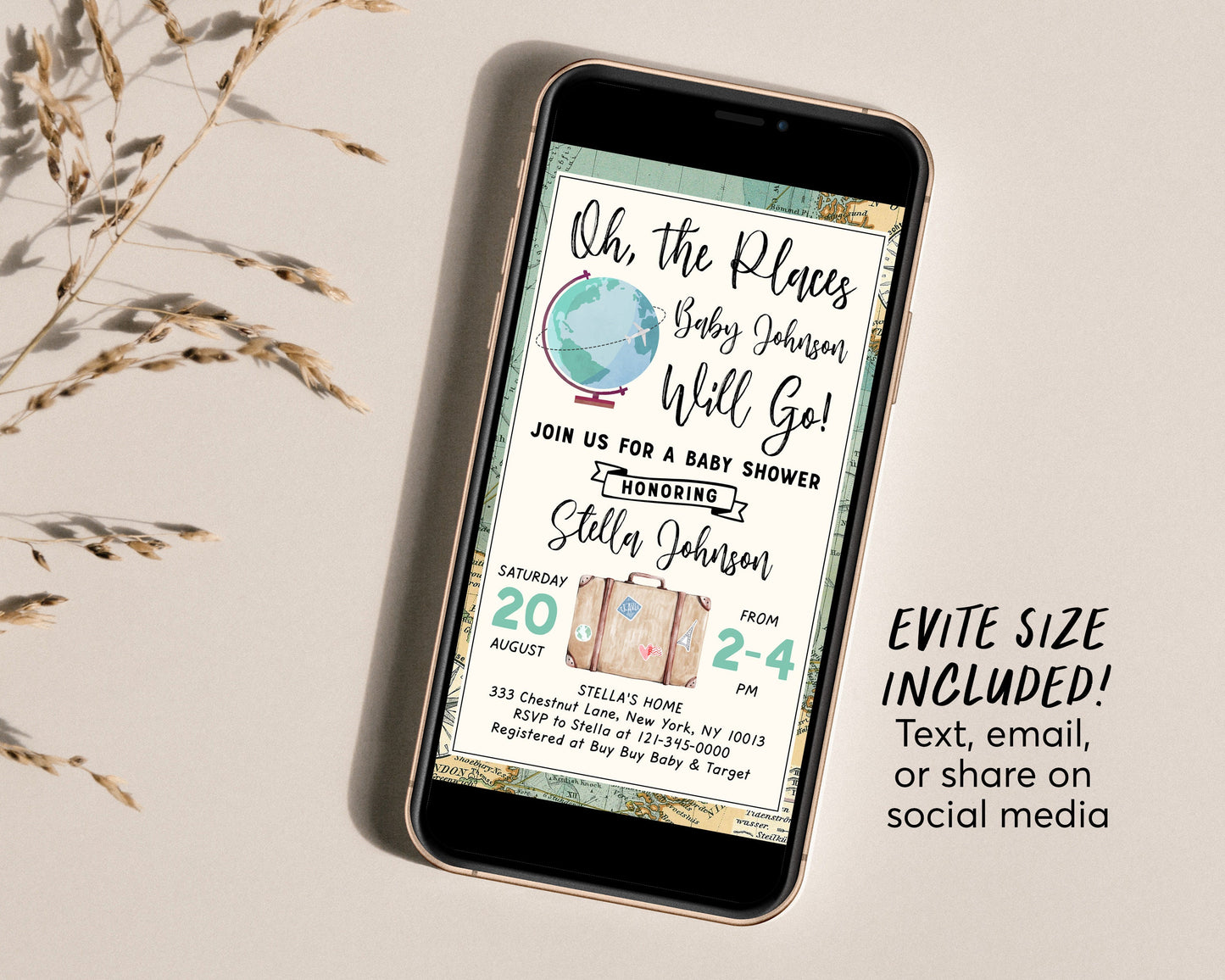 Editable World Map Travel Globe Baby Shower Invitation Template, Oh The Places You Will Go, Adventure Awaits, Welcome to the World, Unisex