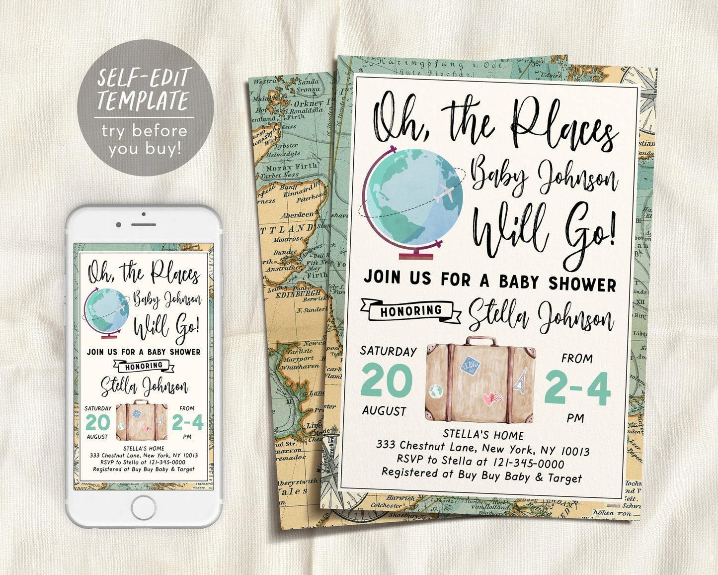 Editable World Map Travel Globe Baby Shower Invitation Template, Oh The Places You Will Go, Adventure Awaits, Welcome to the World, Unisex