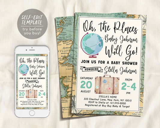 Editable World Map Travel Globe Baby Shower Invitation Template, Oh The Places You Will Go, Adventure Awaits, Welcome to the World, Unisex