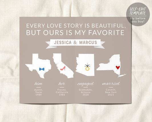 Editable Met Engaged Married Map Print Template, Custom First Anniversary Wedding Gift, Valentines Day Gift for Husband Wife, Wedding Sign