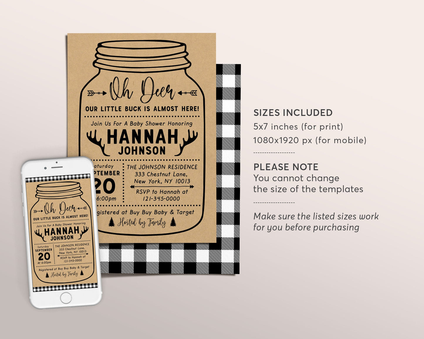 Editable Oh Deer Lumberjack Kraft Baby Shower Invitation Template, Little Buck Antler Mason Jar Woodland Rustic Buffalo Plaid Hunting BBQ