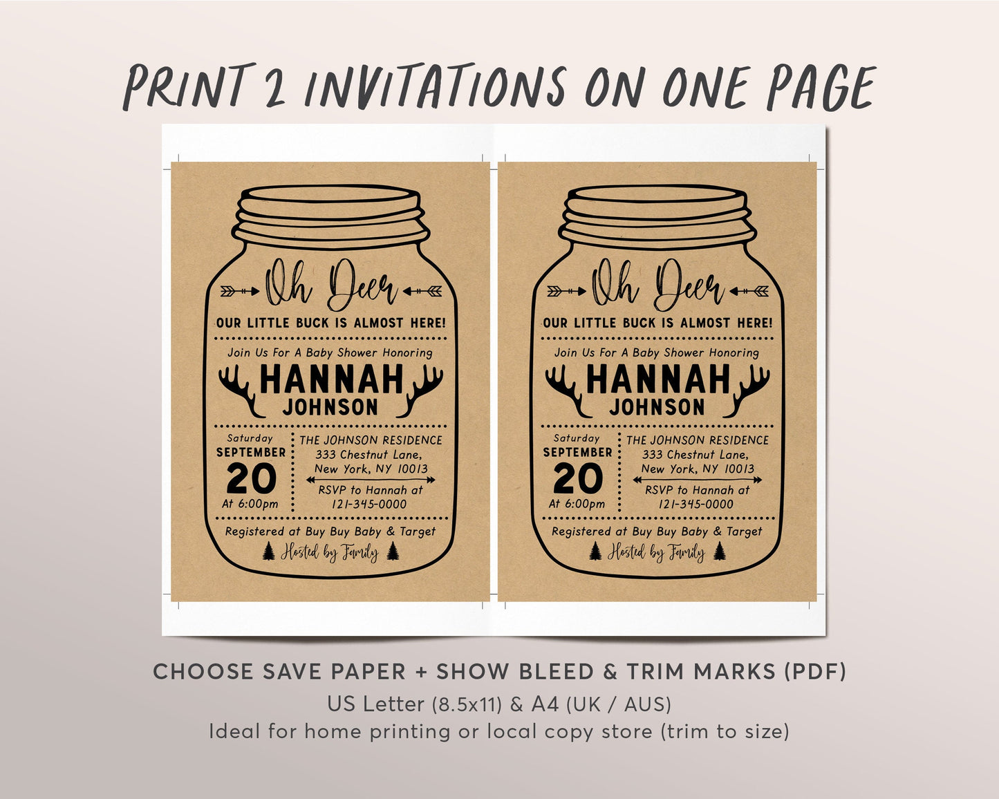 Editable Oh Deer Lumberjack Kraft Baby Shower Invitation Template, Little Buck Antler Mason Jar Woodland Rustic Buffalo Plaid Hunting BBQ
