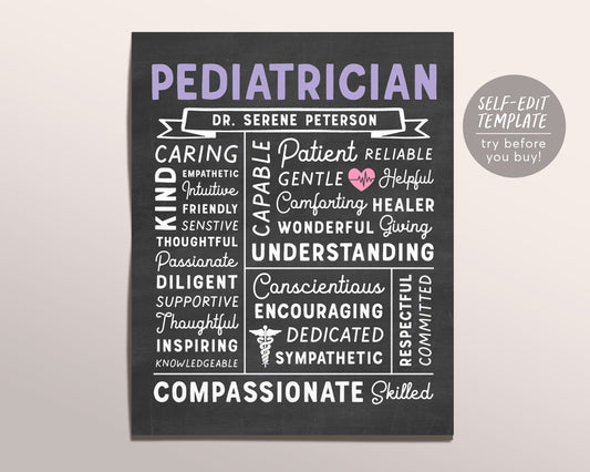 Editable Pediatrician Chalkboard Gift Print Template, New Doctor Appreciation Definition Print Poster Graduation Medical Student Office Sign