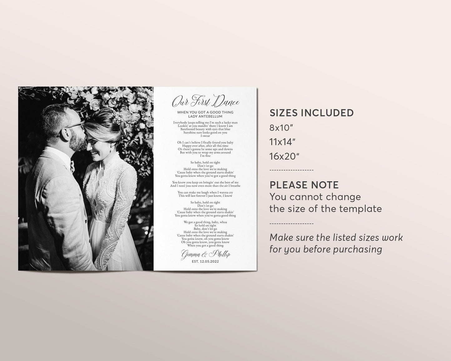 Editable Custom Wedding Song Lyrics Template, Our First Dance Print, Wedding Memory Keepsake, First 1st Anniversary Wedding Photo Gift